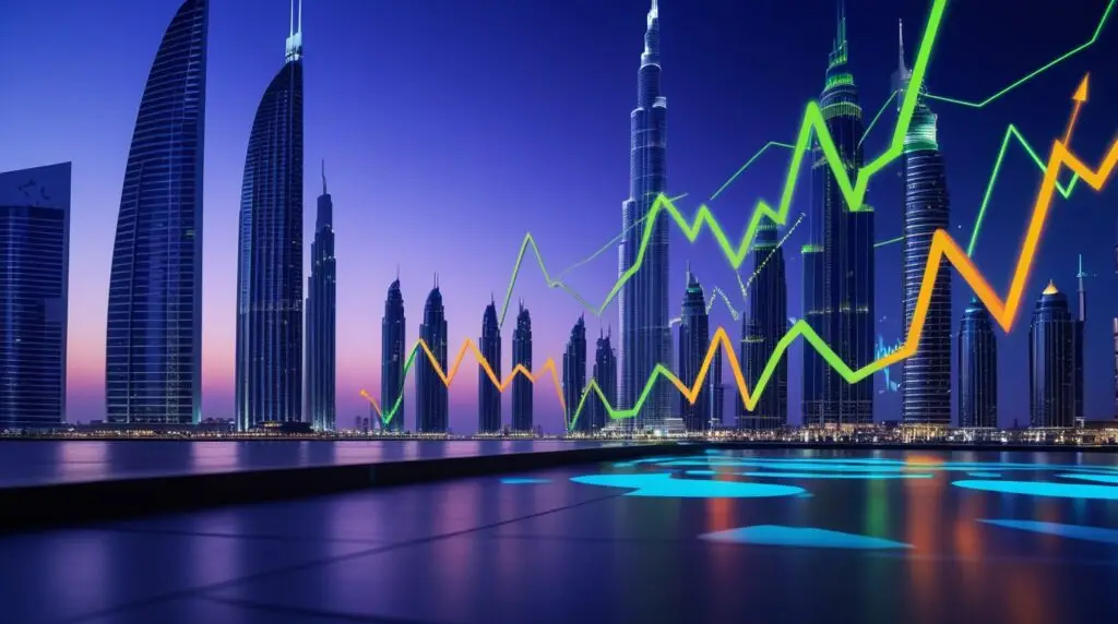 Illustration of modern Dubai skyline featuring upward-trending analytical graphs symbolizing growth in the 2025 mortgage market.