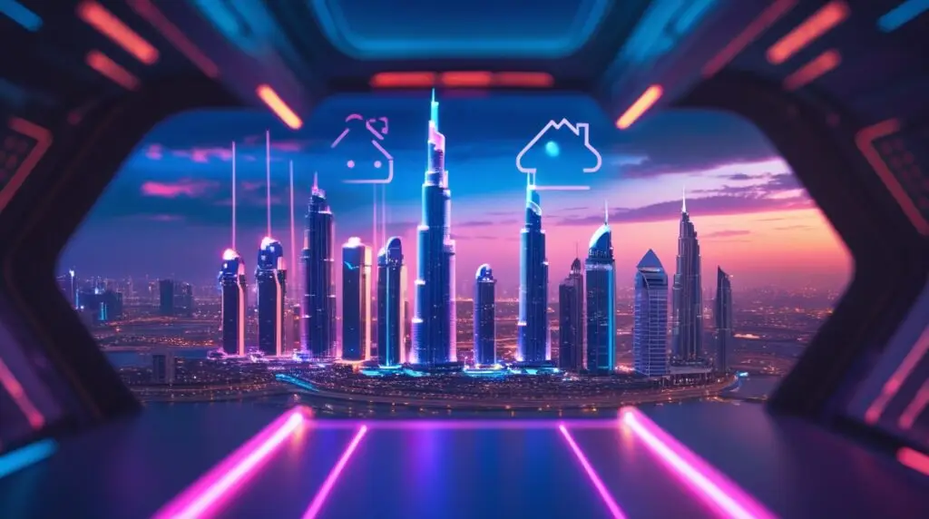 Digital interface overlaying Dubai's skyline, representing Makyee's innovative real estate platform.