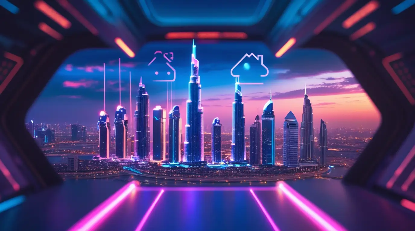 Digital interface overlaying Dubai's skyline, representing Makyee's innovative real estate platform.