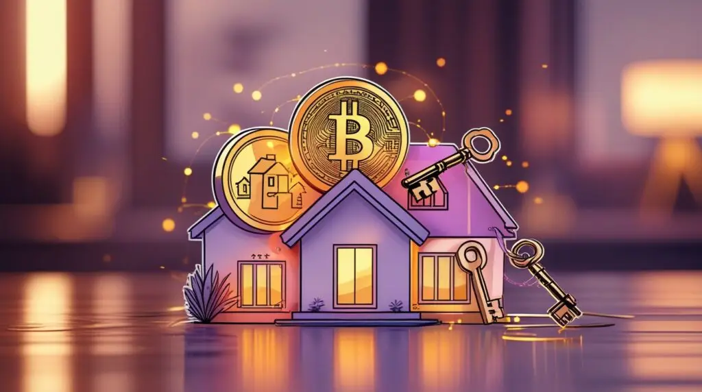 Digital coins merging with property icons, symbolizing digital currency integration in real estate.