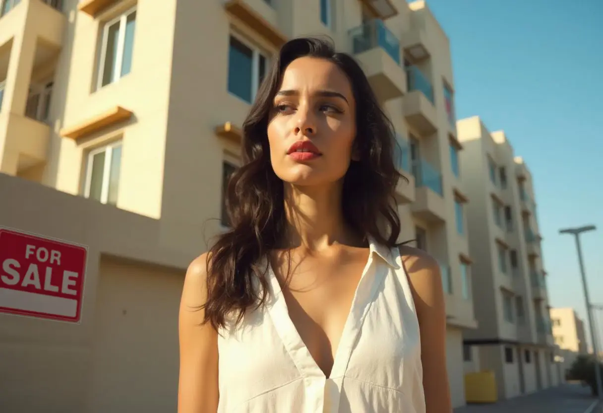 Thoughtful woman standing in front of a modern Dubai apartment with a 'For Sale' sign, contemplating whether to buy or rent a home in the UAE.