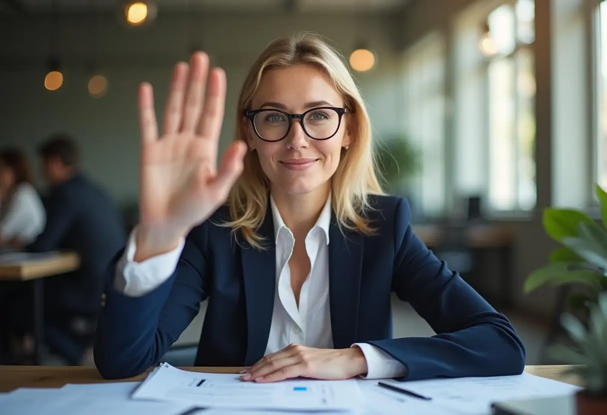 Smiling real estate advisor in an office, raising a hand to signal 5 common mistakes first-time homebuyers should avoid when purchasing property in the UAE.