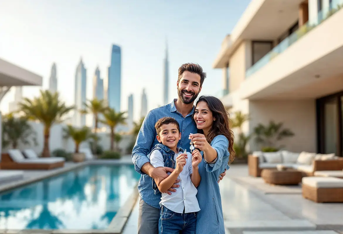 Happy family holding house keys in front of their new luxury home in Dubai, with a swimming pool and the city skyline in the background, celebrating successful homeownership.