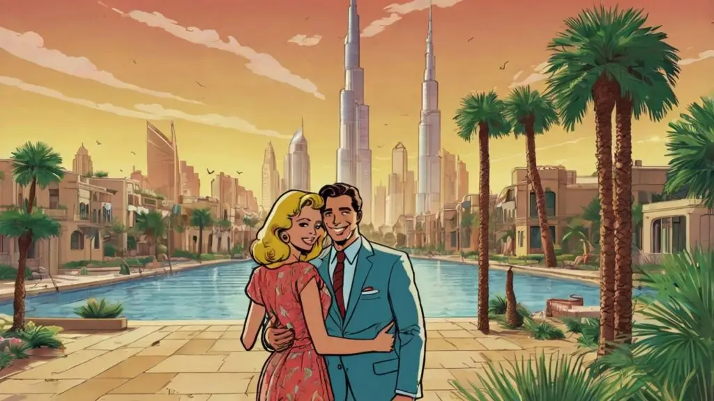 Archie-style comic illustration of a happy couple buying property in Dubai 2025, holding a SOLD sign in front of a colorful Dubai villa with palm trees and Burj Khalifa in the background. Real estate investment concept with retro comic art style.