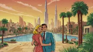 Archie-style comic illustration of a happy couple buying property in Dubai 2025, holding a SOLD sign in front of a colorful Dubai villa with palm trees and Burj Khalifa in the background. Real estate investment concept with retro comic art style.